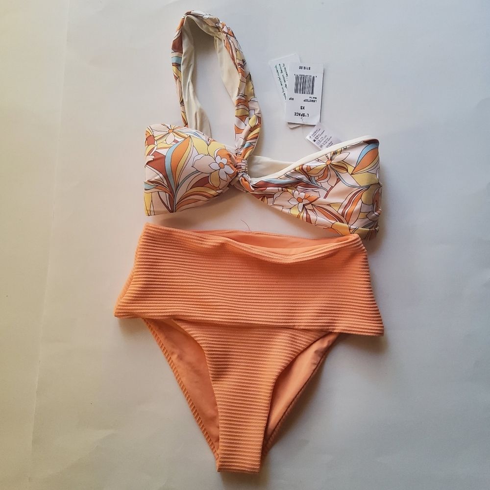 L*Space 2Pcs Bikini Swimsuit Set Mick Bandeau Top & High Waist Bitsy Bottom XS